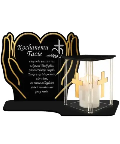 Znicz z Dedykacją Premium Dłonie Złote Domek Świeca Led Na Cmentarz Grób