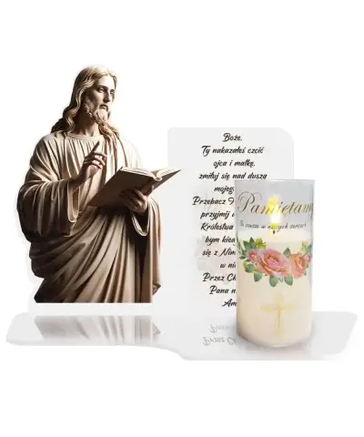 Znicz Solarny Premium Biała Statuetka Jezus Świeca Pamiętamy Na Cmentarz