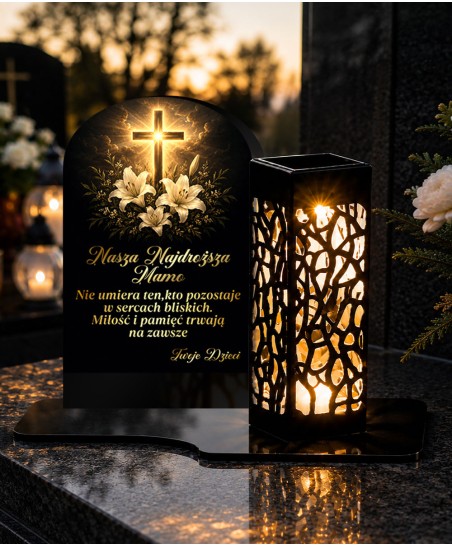 Lampion z dedykacją Pod łukiem pamięci — kolorowy wzór UV — aranżacja na grobie