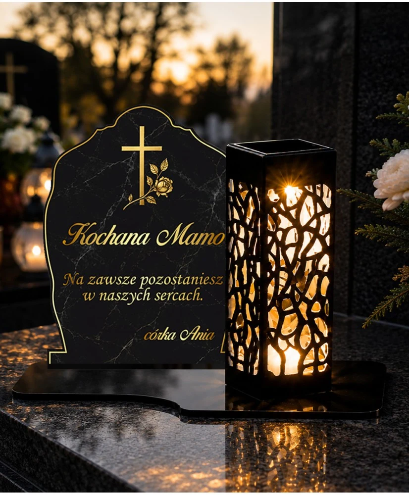 Znicz z marmurowym wzorem Marmurowe wspomnienie — aranżacja na grobie