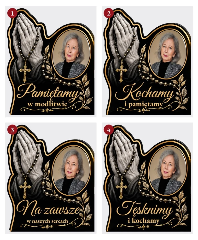 Dłonie z różańcem ze zdjęciem — sentencje 1–4
