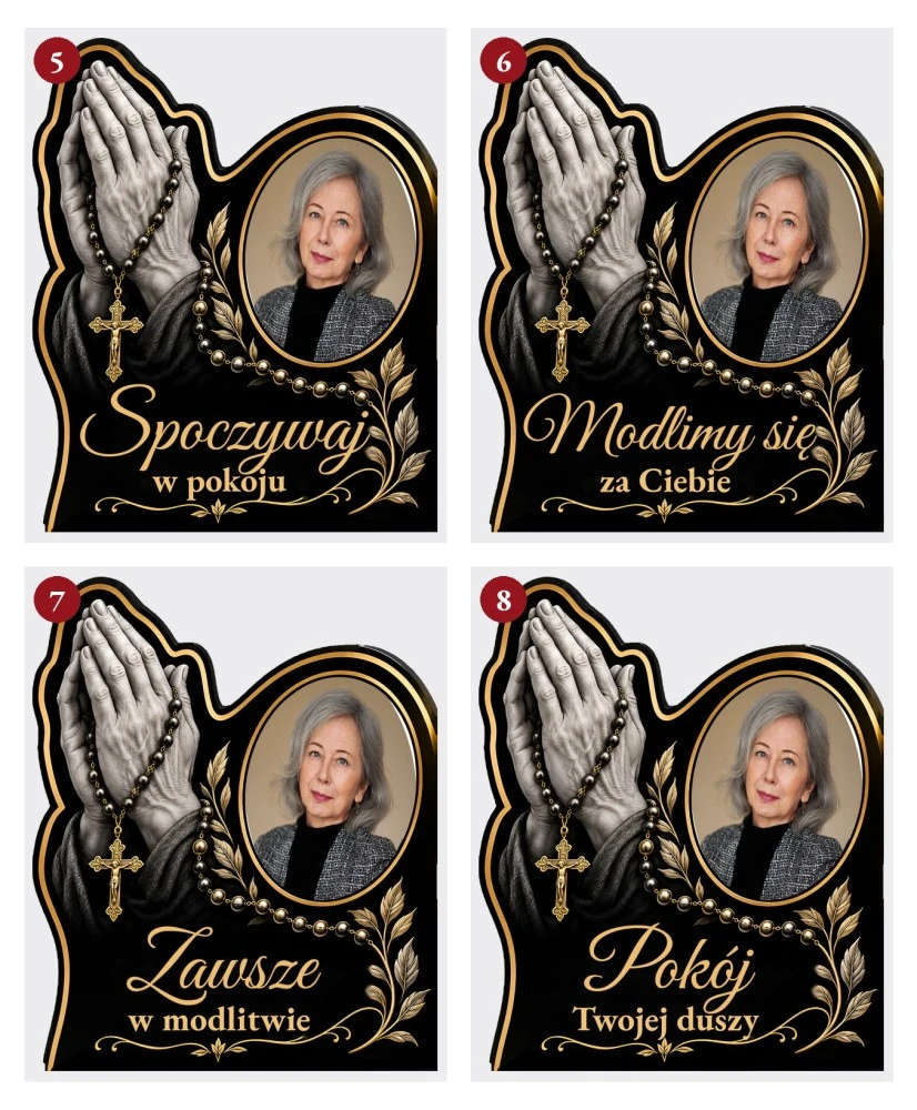 Dłonie z różańcem ze zdjęciem — sentencje 5–8