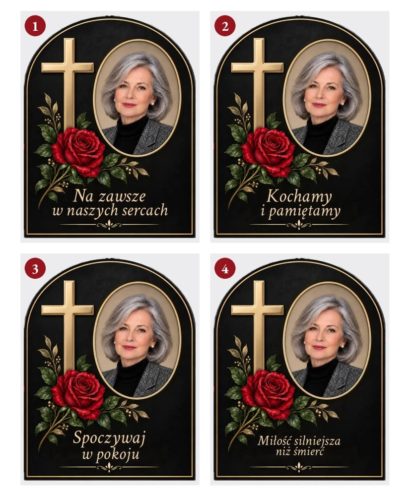 Złoty krzyż z różą ze zdjęciem — sentencje 1–4