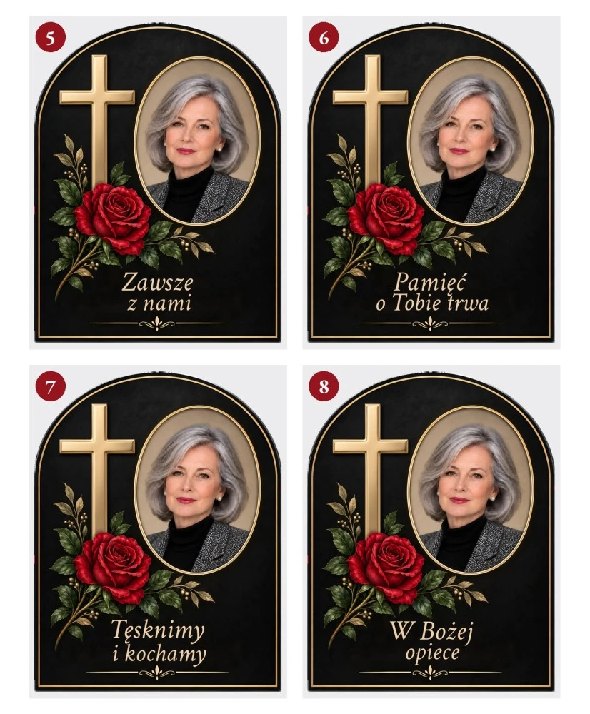 Złoty krzyż z różą ze zdjęciem — sentencje 5–8
