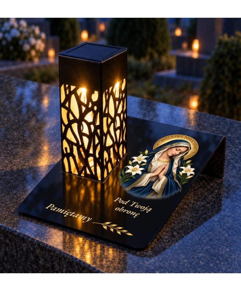 Gięty Maryja w granatowym welonie — na nagrobku wieczorem