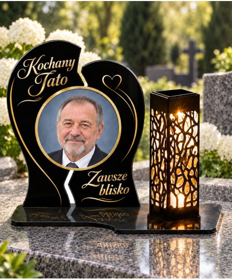 Dwie połówki ze zdjęciem — na nagrobku w dzień