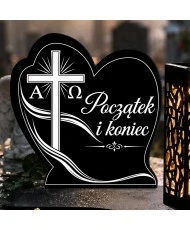 Duży znicz solarny LED XL z grawerem — Alfa i Omega — zbliżenie