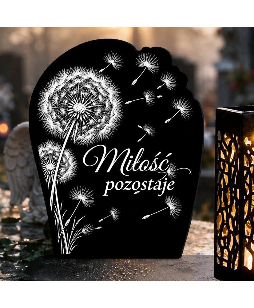 Duży znicz solarny LED XL z grawerem — Dmuchawiec — zbliżenie