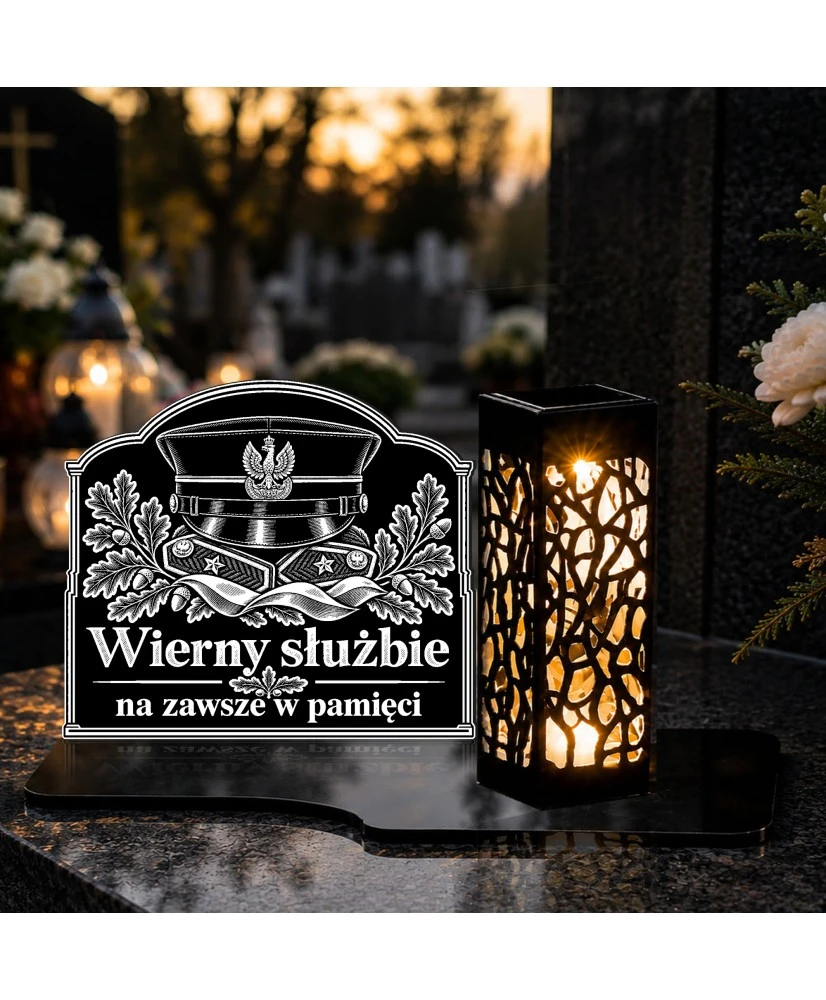 Duży znicz solarny LED XL z grawerem — Czapka wojskowa — Wierny służbie — na nagrobku wieczorem