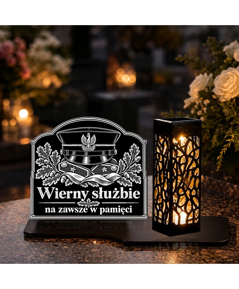 Duży znicz solarny LED XL z grawerem — Czapka wojskowa — Wierny służbie — drugie ujęcie dzienne