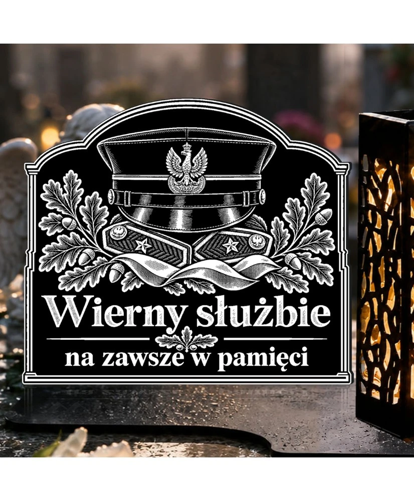 Duży znicz solarny LED XL z grawerem — Czapka wojskowa — Wierny służbie — zbliżenie