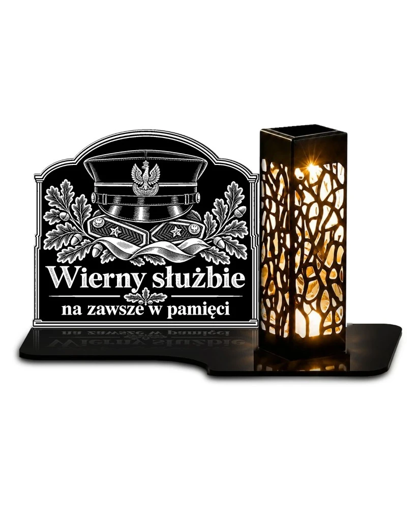 Duży znicz solarny LED XL z grawerem — Czapka wojskowa — Wierny służbie — białe tło