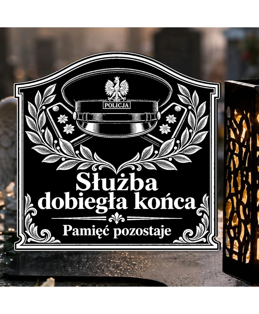 Duży znicz solarny LED XL z grawerem — Czapka policyjna — Pamięć pozostaje — zbliżenie