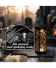 Duży znicz solarny LED XL z grawerem — Wędkarz — Spokojna woda — na nagrobku w dzień