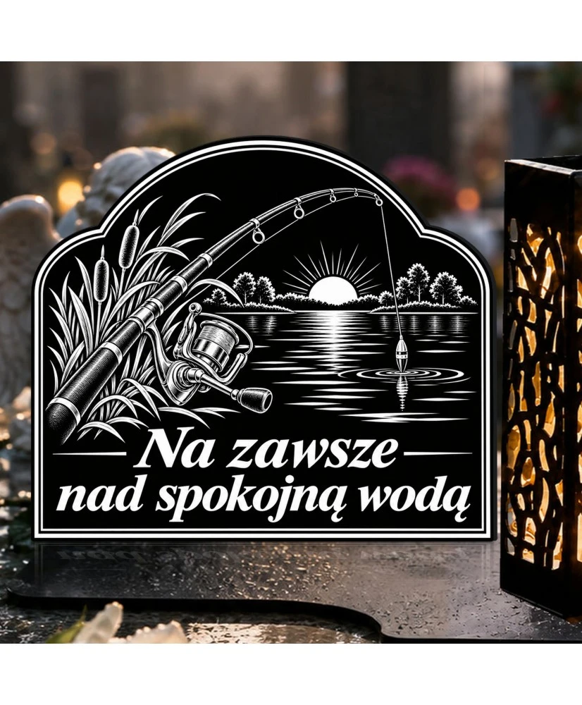 Duży znicz solarny LED XL z grawerem — Wędkarz — Spokojna woda — zbliżenie