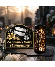 Duży znicz solarny LED XL z nadrukiem UV — Pielęgniarka — Za czułość i troskę — na nagrobku w dzień
