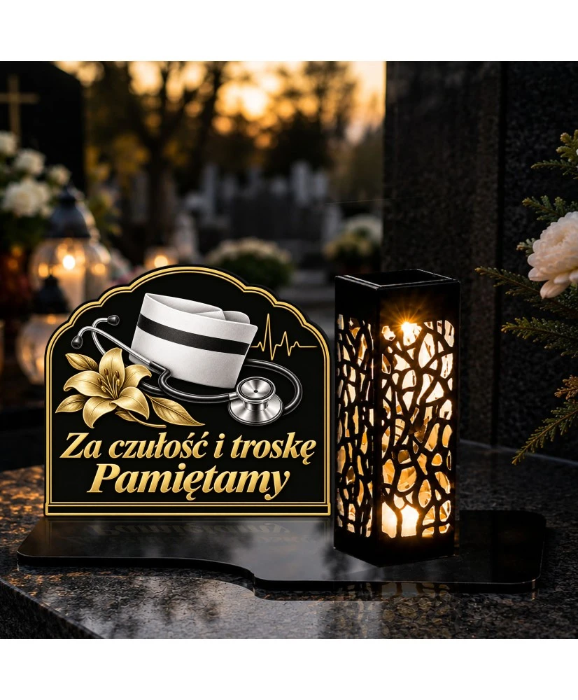 Duży znicz solarny LED XL z nadrukiem UV — Pielęgniarka — Za czułość i troskę — na nagrobku wieczorem