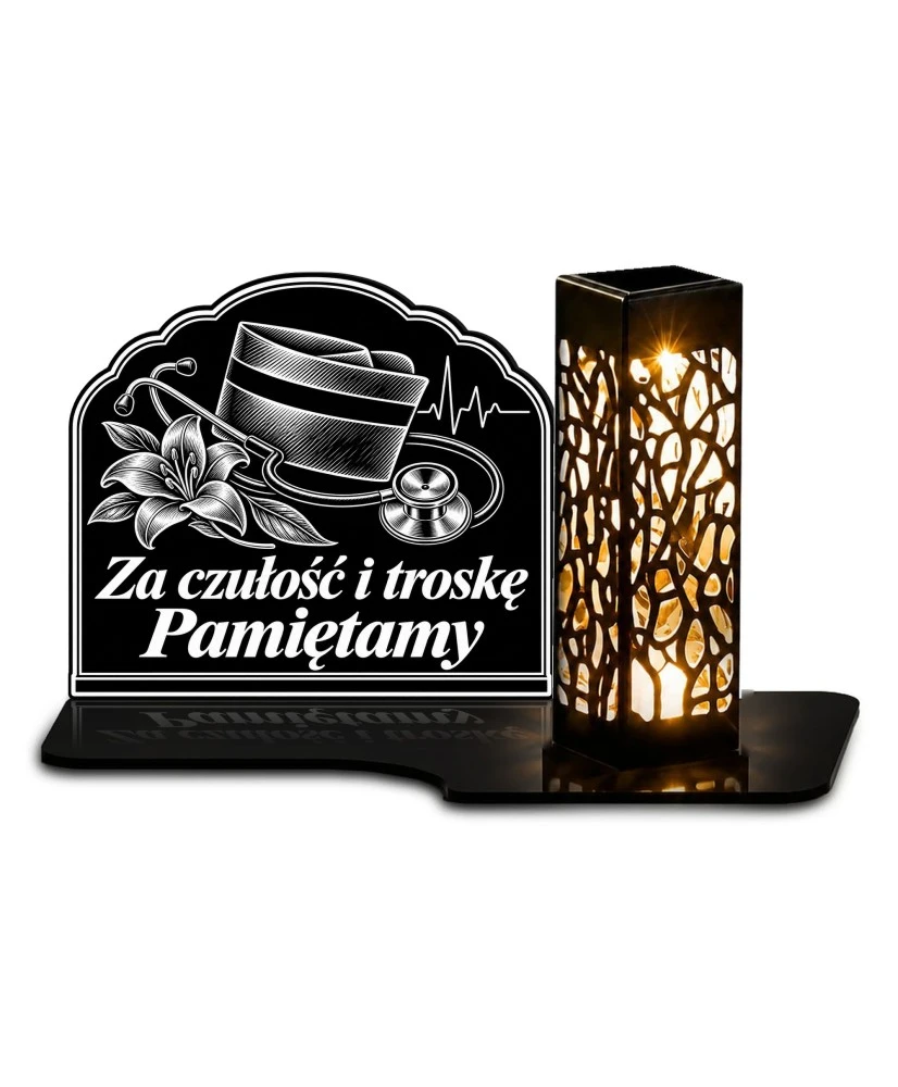 Duży znicz solarny LED XL z grawerem — Pielęgniarka — Za czułość i troskę — białe tło